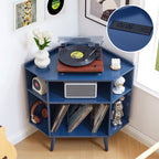 YOCWO Triangle Record Player Stand with Charging Station, Turntable Stand Table Holds Max 200 Albums, Corner Vinyl Record Storage Cabinet with Wood Legs for Living Room Bedroom Office