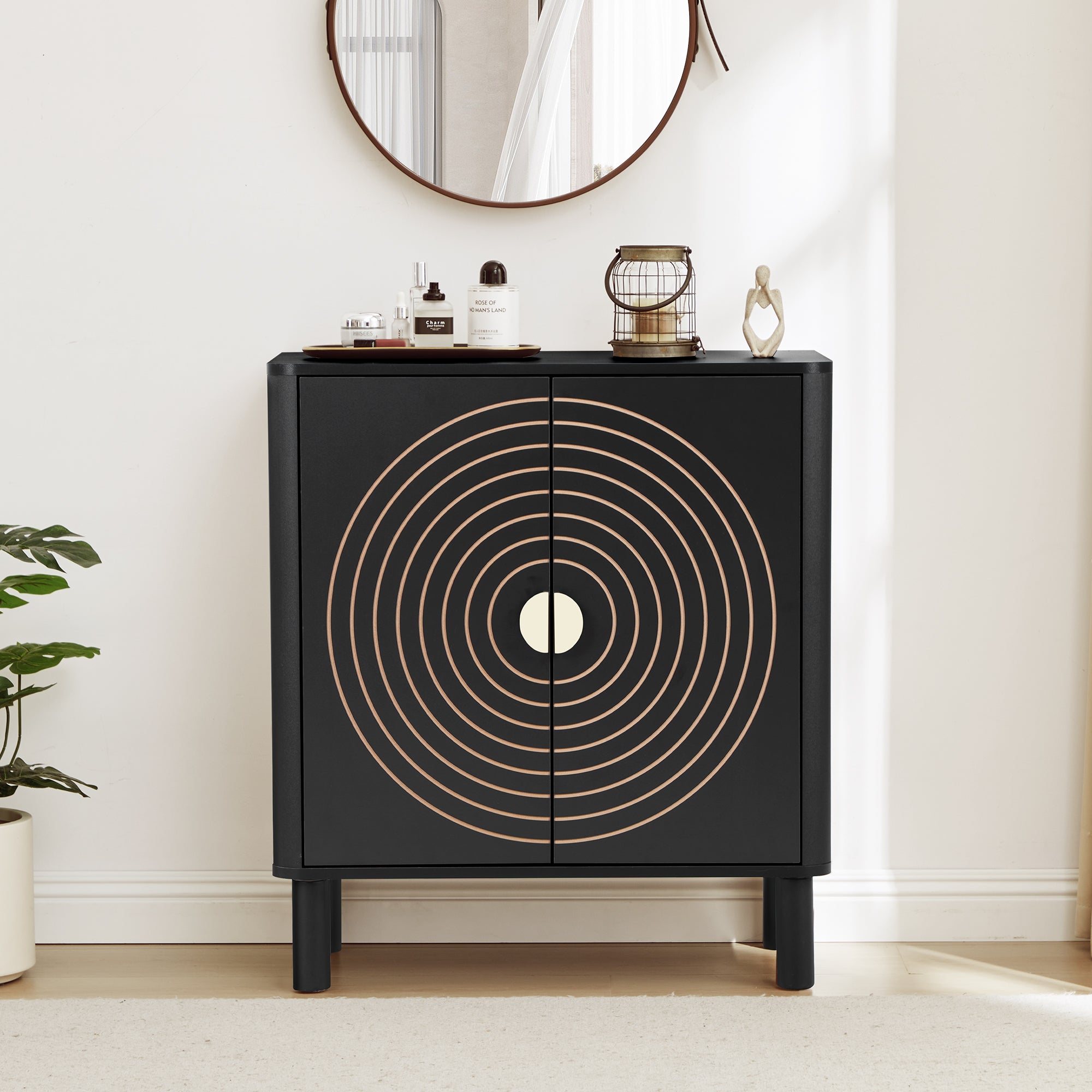 Accent Cabinet with Round Carved Line Door for Entryway Hallway, Natural Sideboard Buffet Cabinet, Storage Cabinet with Adjustable Shelves for Living Room