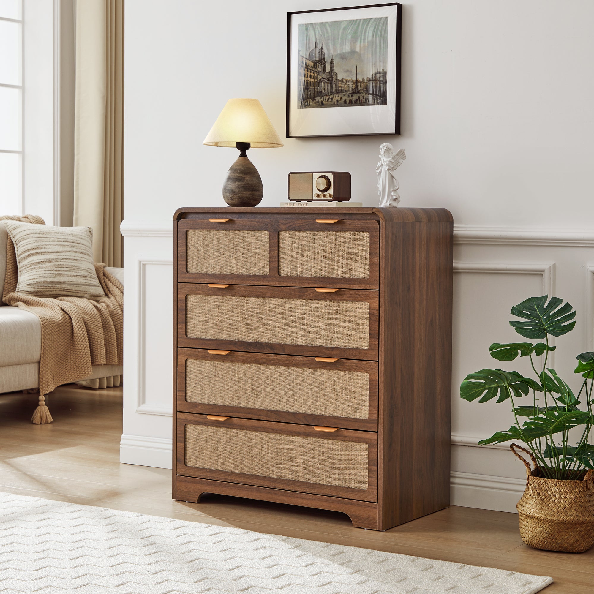 YOCWO Farmhouse 4 Drawer Linen Dresser for Bedroom, Chest of Drawers with Curved Edge, Wood Storage Large Dresser Organizer for Bedroom Living Room Hallway Closet