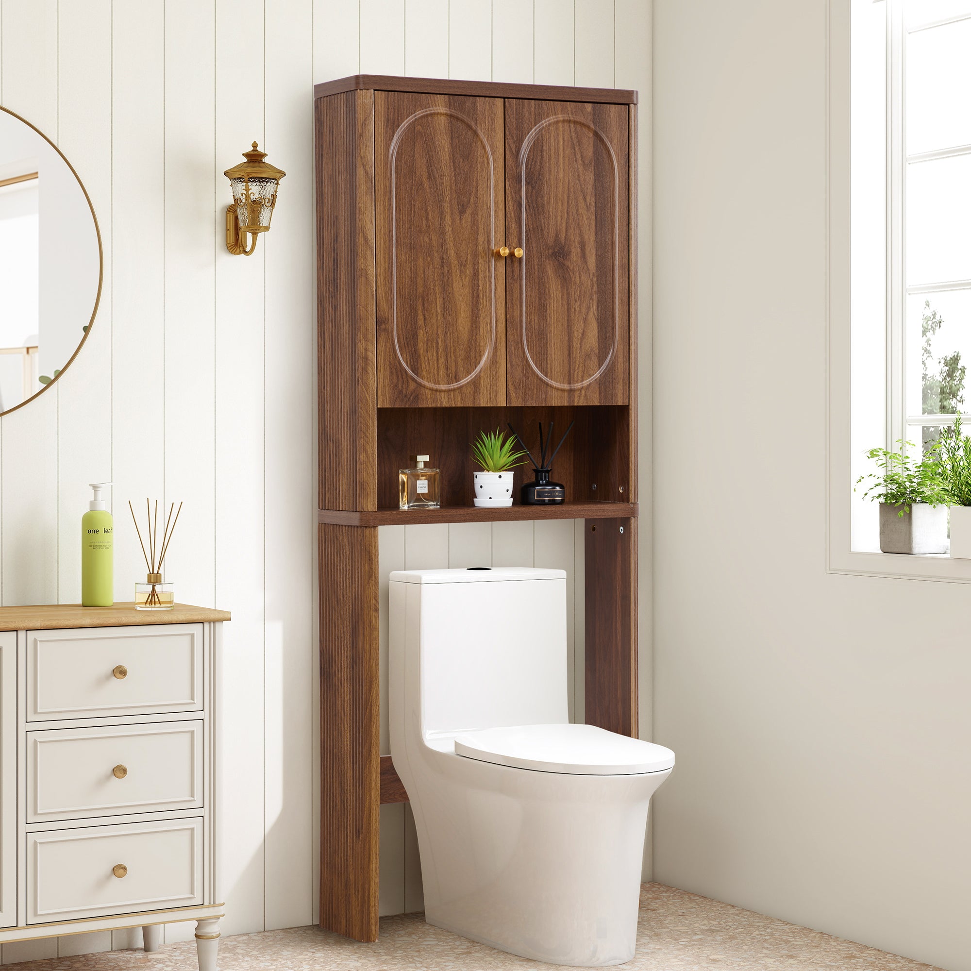 YOCWO Over The Toilet Storage Cabinet, Mid Century Storage Cabinet Over Toilet with 2 Doors and Open Shelf, Home Space Saver for Bathroom, Living Room