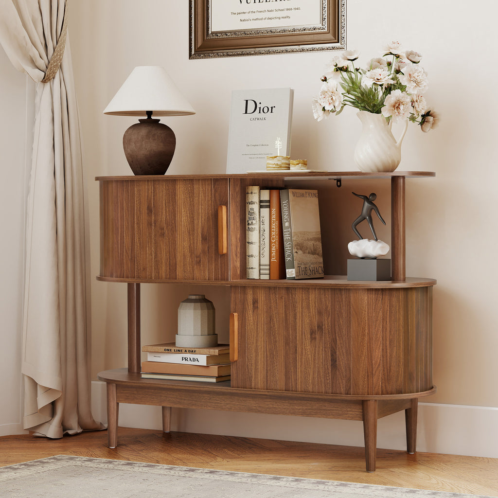 YOCWO 42.51" Oval Sideboard Buffet Cabinet with Tambour Sliding Door,Oval Curved Fluted Sideboard with Open Shelf, Buffet Storage Cabinet for Dining Room Living Room Entryway