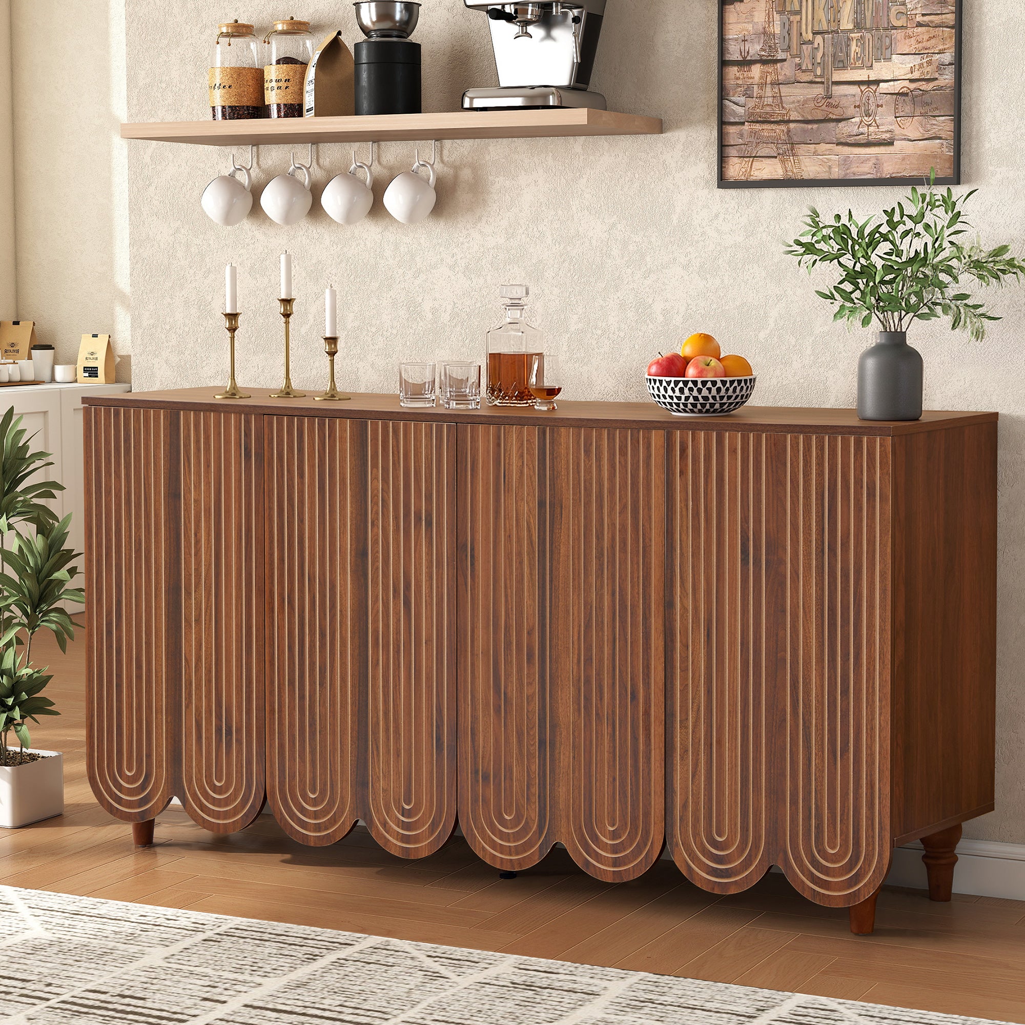 YOCWO Sideboard and Buffets with Wave Carved Line Design, Mid Century Buffet Storage Cabinet with 4 Doors and Adjustable Shelves, Accent Cabinet for Living Room Kitchen Entryway, Walnut