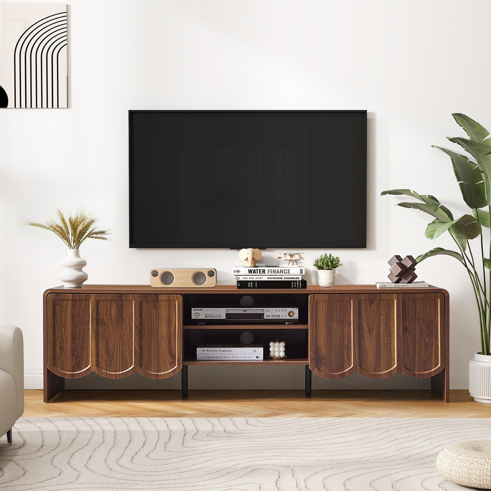 YOCWO TV Stands for 65 inch tv, TV Stand with Sliding Wave Doors, Wood Entertainment Center for TVs, Media Console Cabinet with Open Storage for Living Room
