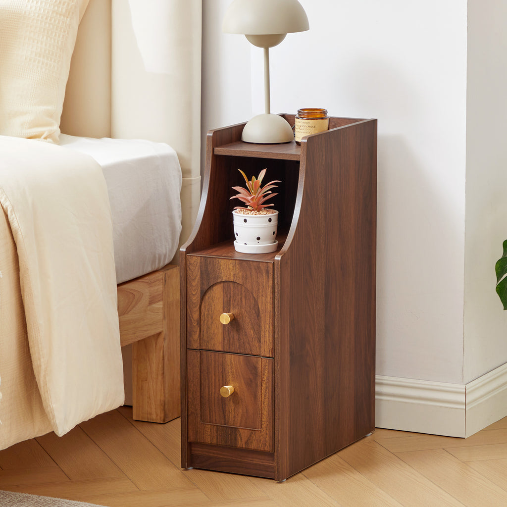 7.87" Ultra Narrow Nightstand with 2 Drawer and Charging Station, Slim End Table Bedside Table for Bedroom with Open Shelf