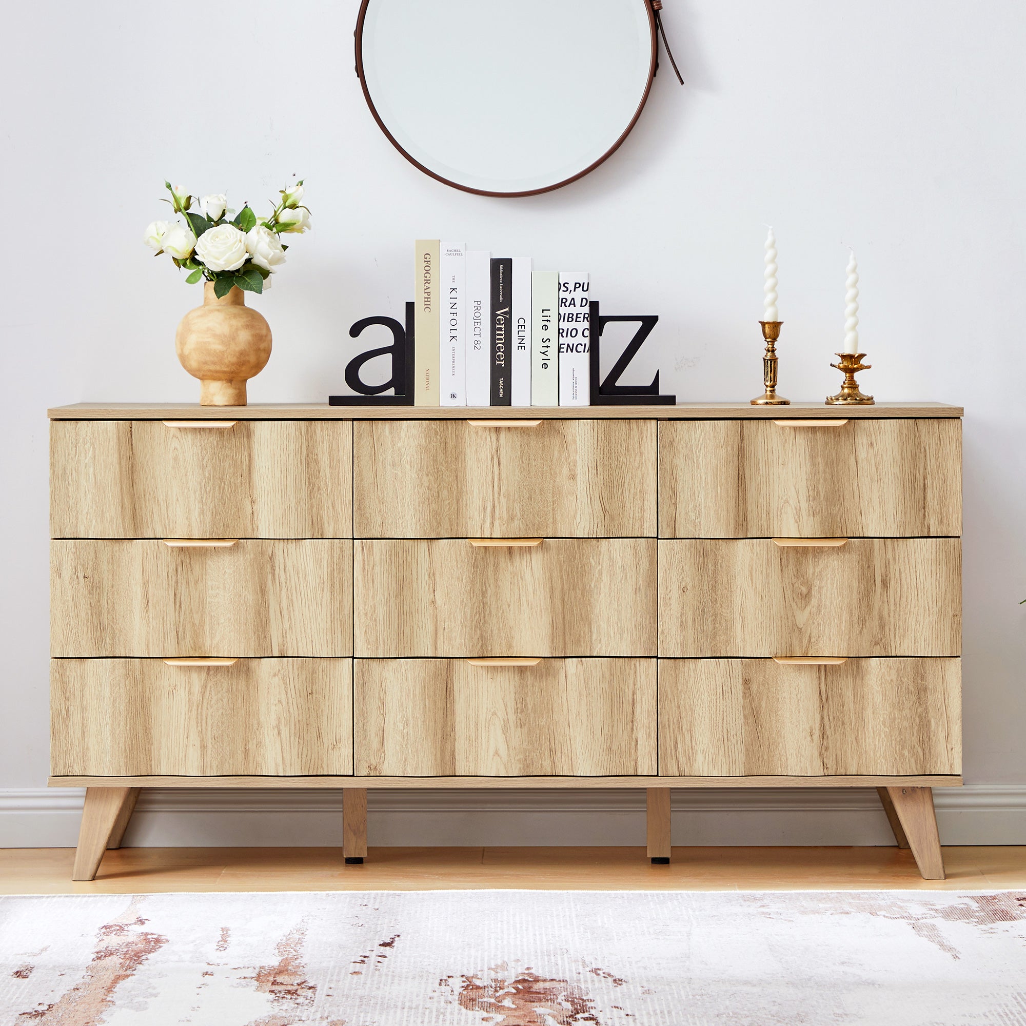 YOCWO 57" Wide 9 Drawer Dresser with Big Wave Pattern for Living Room Bedroom, Mid-Century Wood Large Chest of Drawer with Waveform Fluted Panel