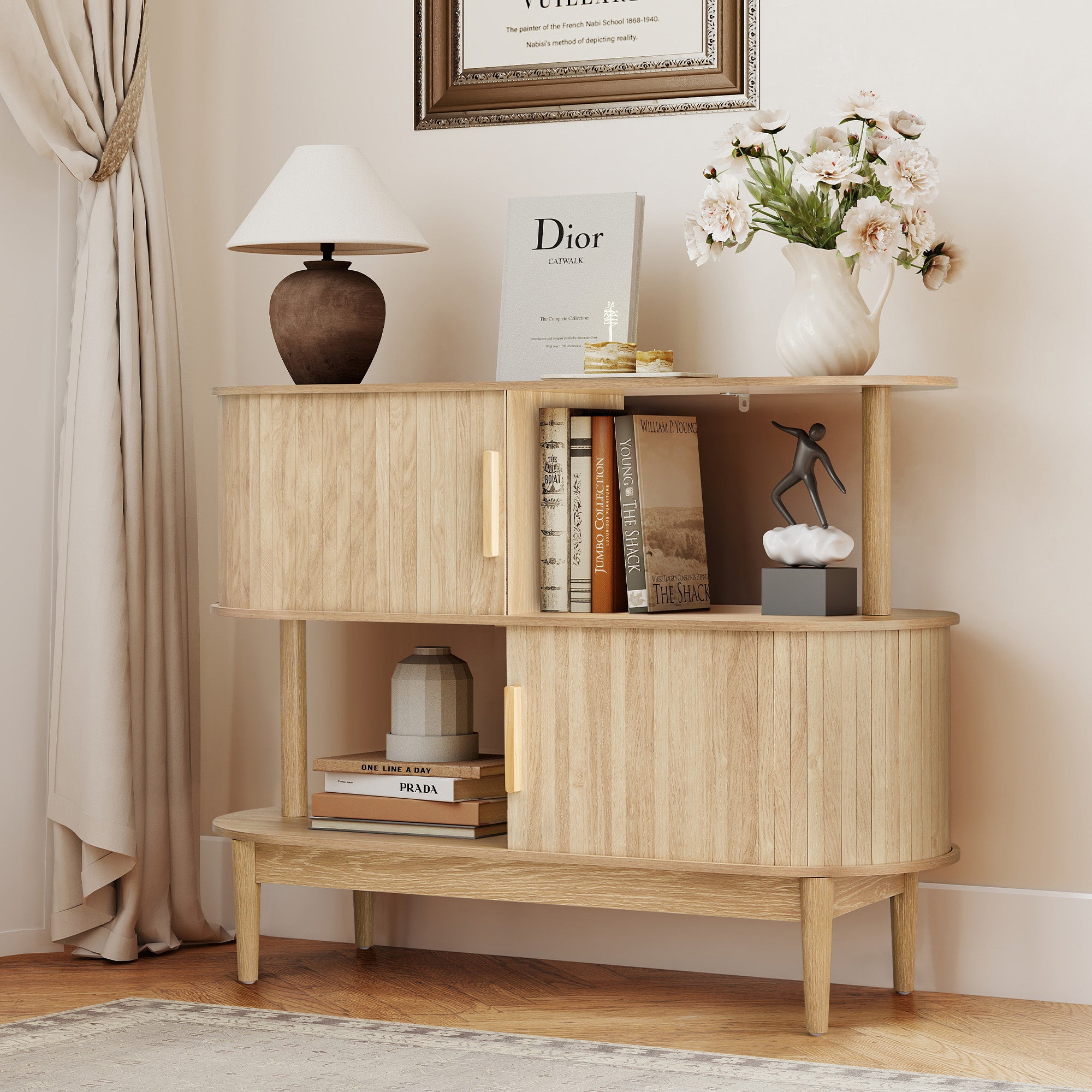 YOCWO 42.51" Oval Sideboard Buffet Cabinet with Tambour Sliding Door,Oval Curved Fluted Sideboard with Open Shelf, Buffet Storage Cabinet for Dining Room Living Room Entryway