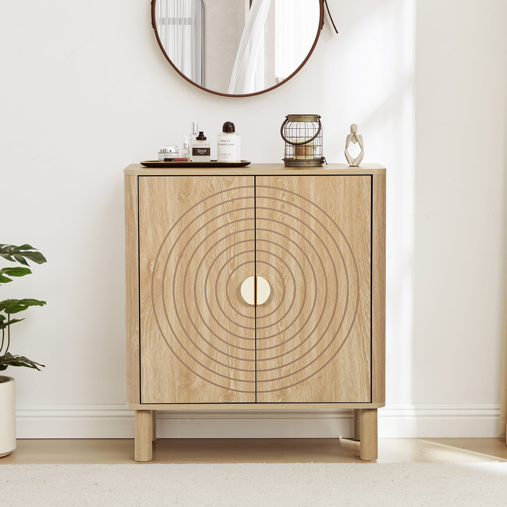 Accent Cabinet with Round Carved Line Door for Entryway Hallway, Natural Sideboard Buffet Cabinet, Storage Cabinet with Adjustable Shelves for Living Room