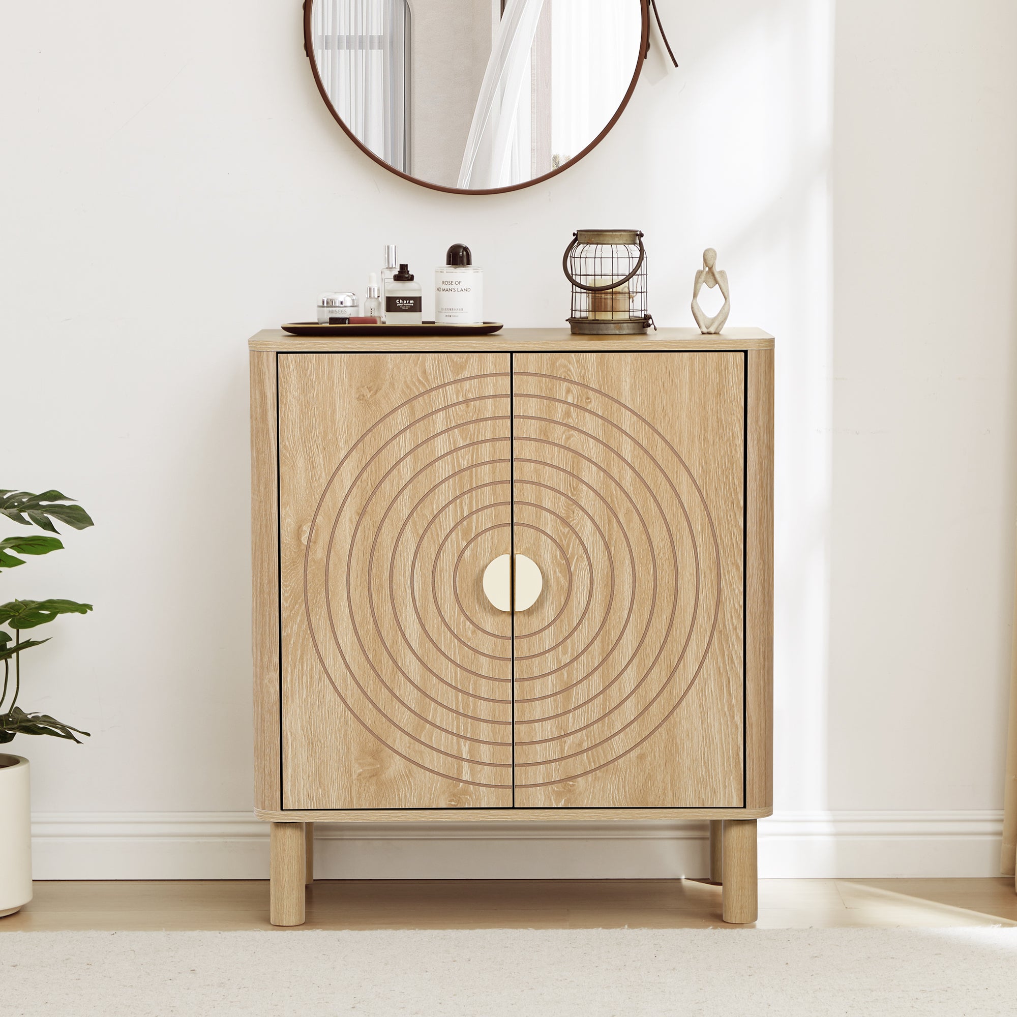 Accent Cabinet with Round Carved Line Door for Entryway Hallway, Natural Sideboard Buffet Cabinet, Storage Cabinet with Adjustable Shelves for Living Room