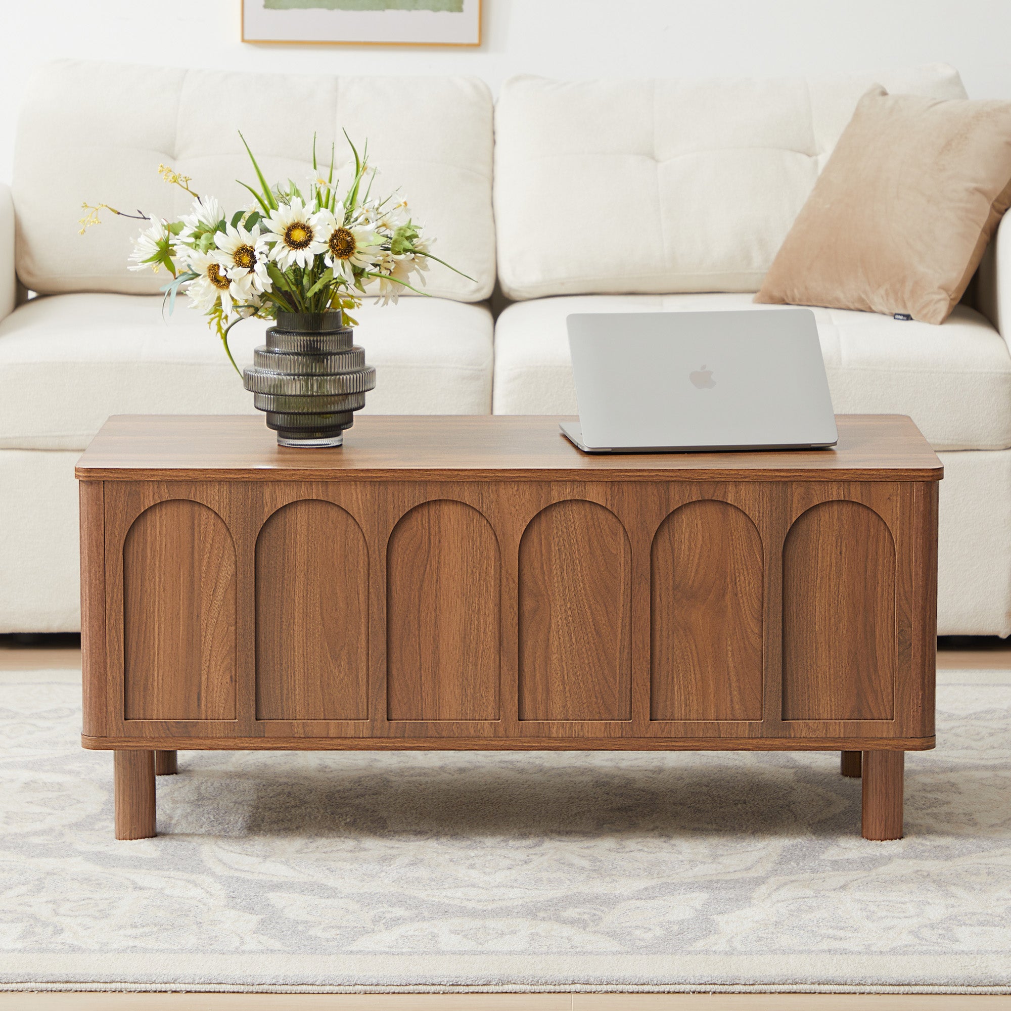 YOCWO Lift Top Coffee Table with Hidden Compartment & Storage Shelve, Arched Fluted Coffee Table for Living Room