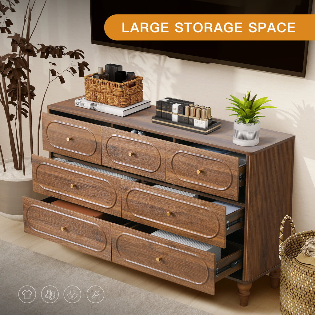 YOCWO 7 Drawer Fluted Dresser for Bedroom, Mid Century Chest of Drawers with Arc Edge, Wood Storage Large Dresser Organizer for Bedroom Living Room Hallway Closet