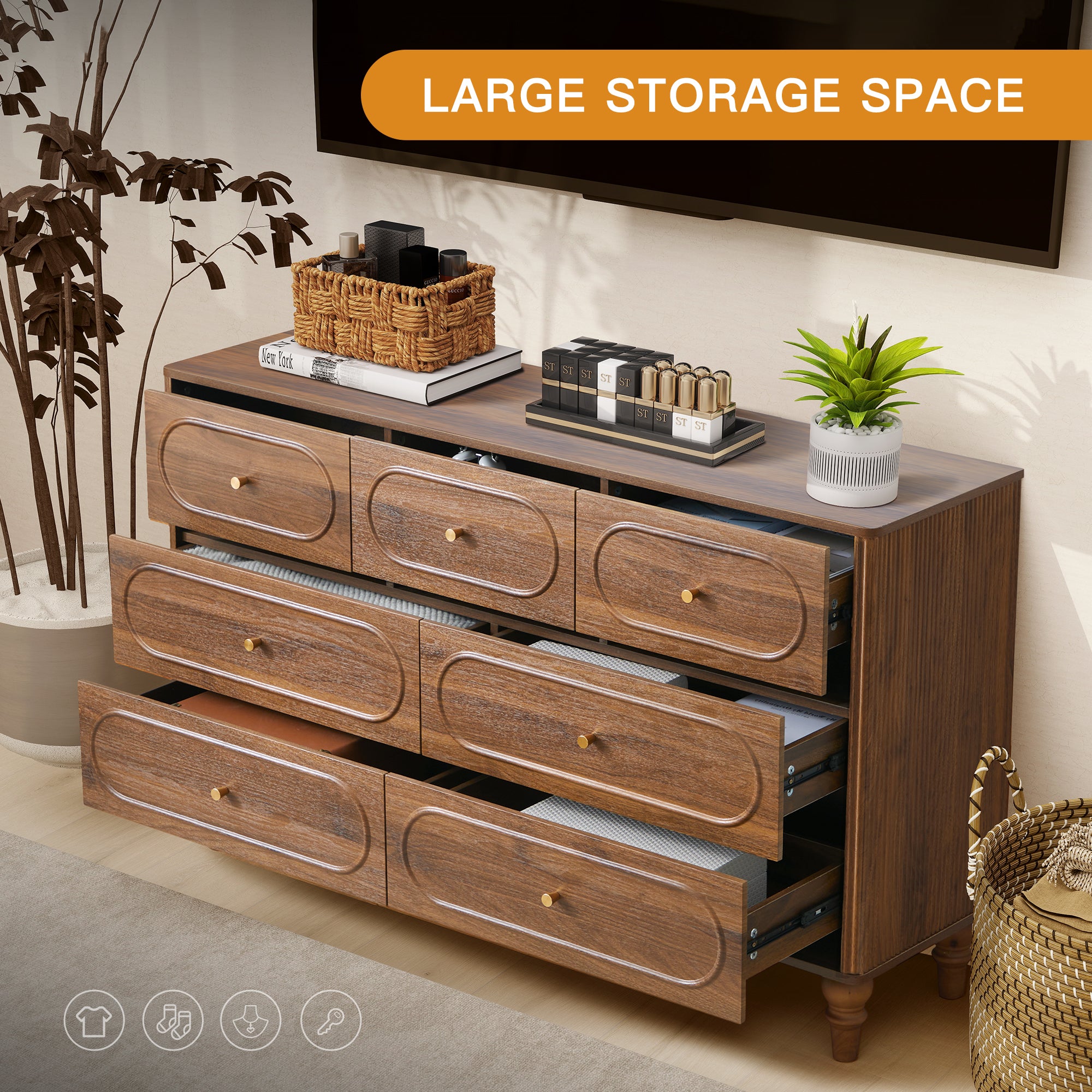 YOCWO 7 Drawer Fluted Dresser for Bedroom, Mid Century Chest of Drawers with Arc Edge, Wood Storage Large Dresser Organizer for Bedroom Living Room Hallway Closet