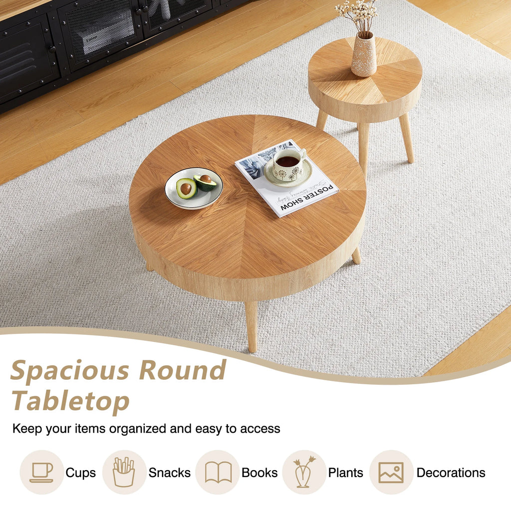 2-Piece Modern Round Coffee Table Set for Living Room, Faux Wood End Table