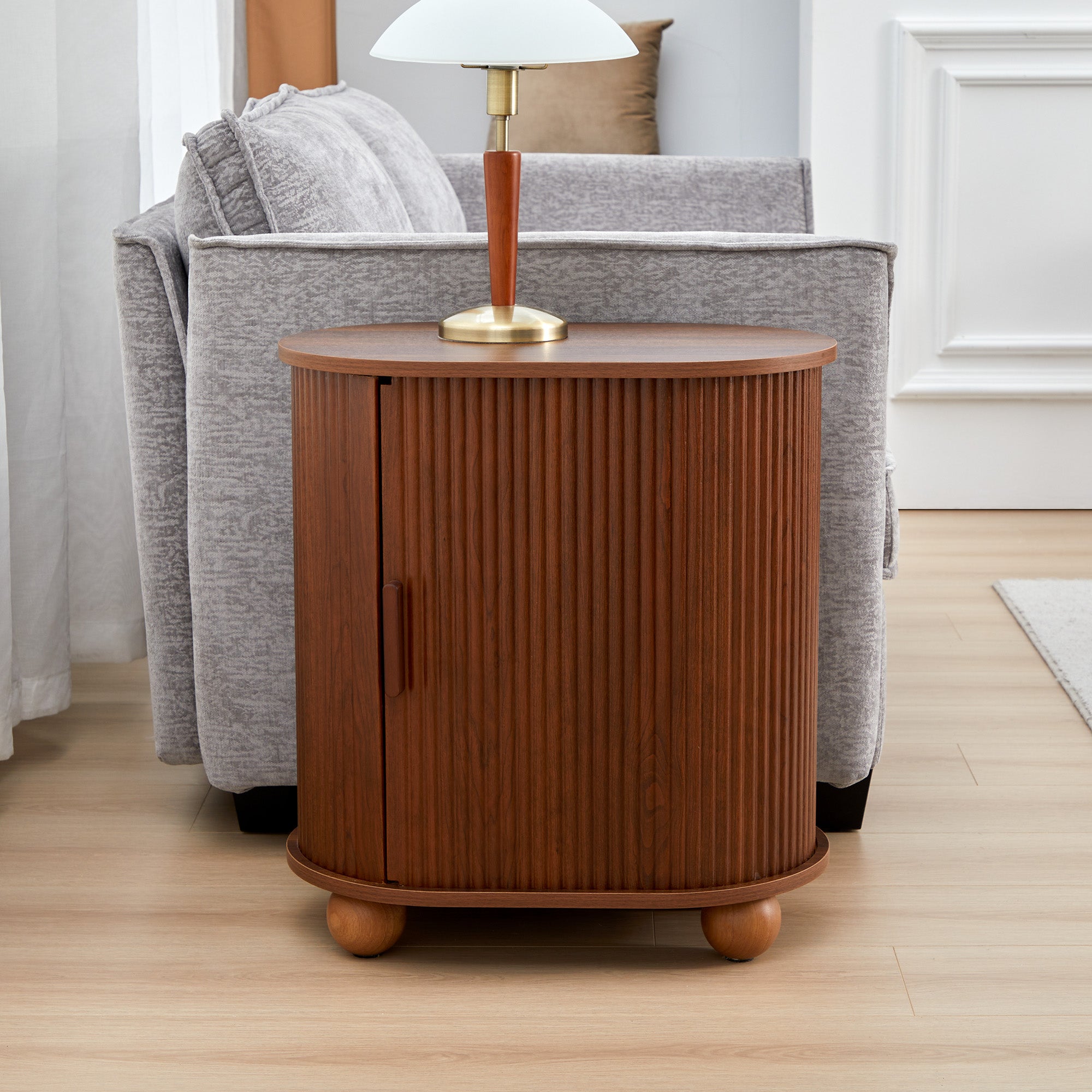 Fluted Side Tables with Sliding Door Storage for Living Room