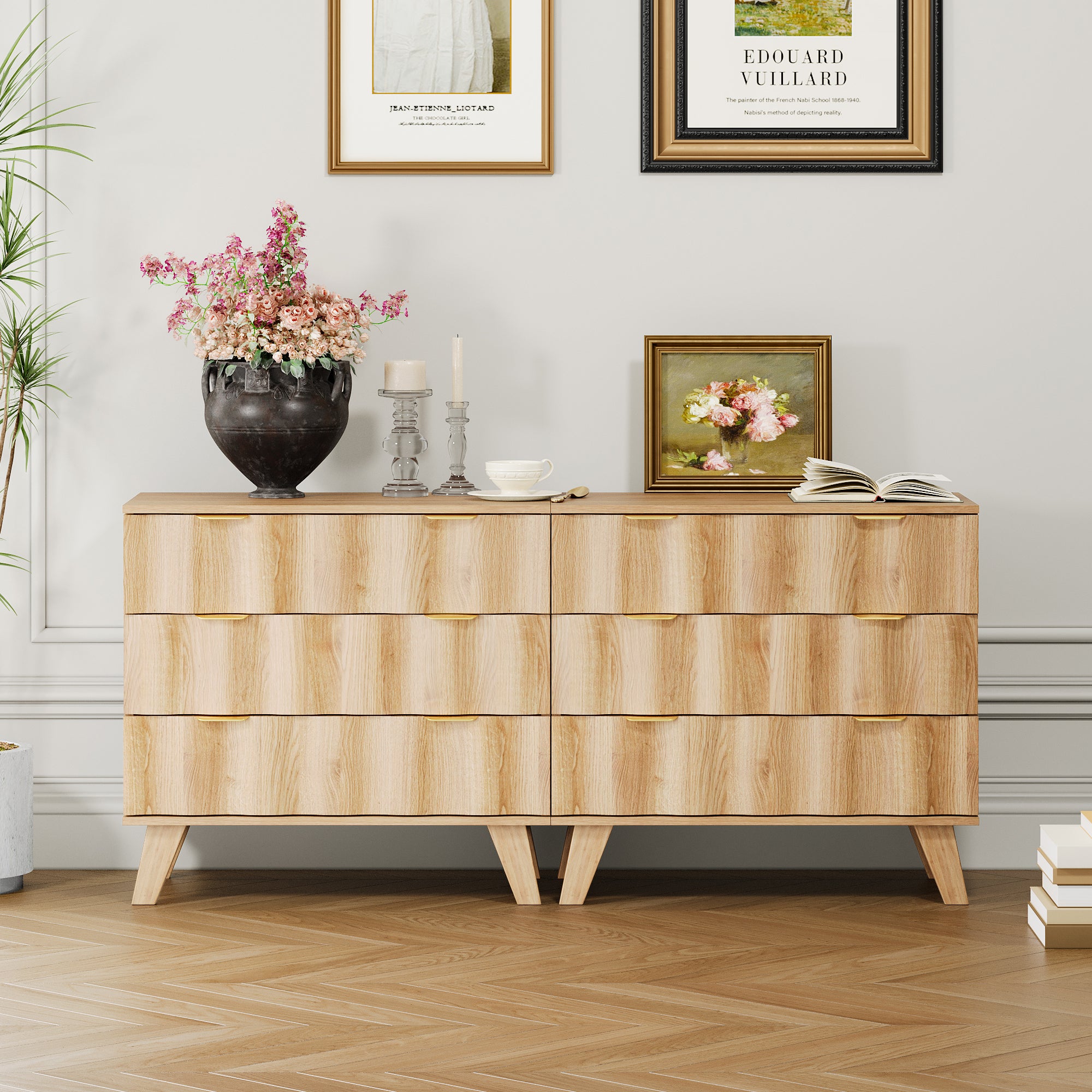 YOCWO Walnut Large 3 Drawer Nightstand with Wave Pattern, Mid-Century Wood Large Bedside Table with Waveform Fluted Panel