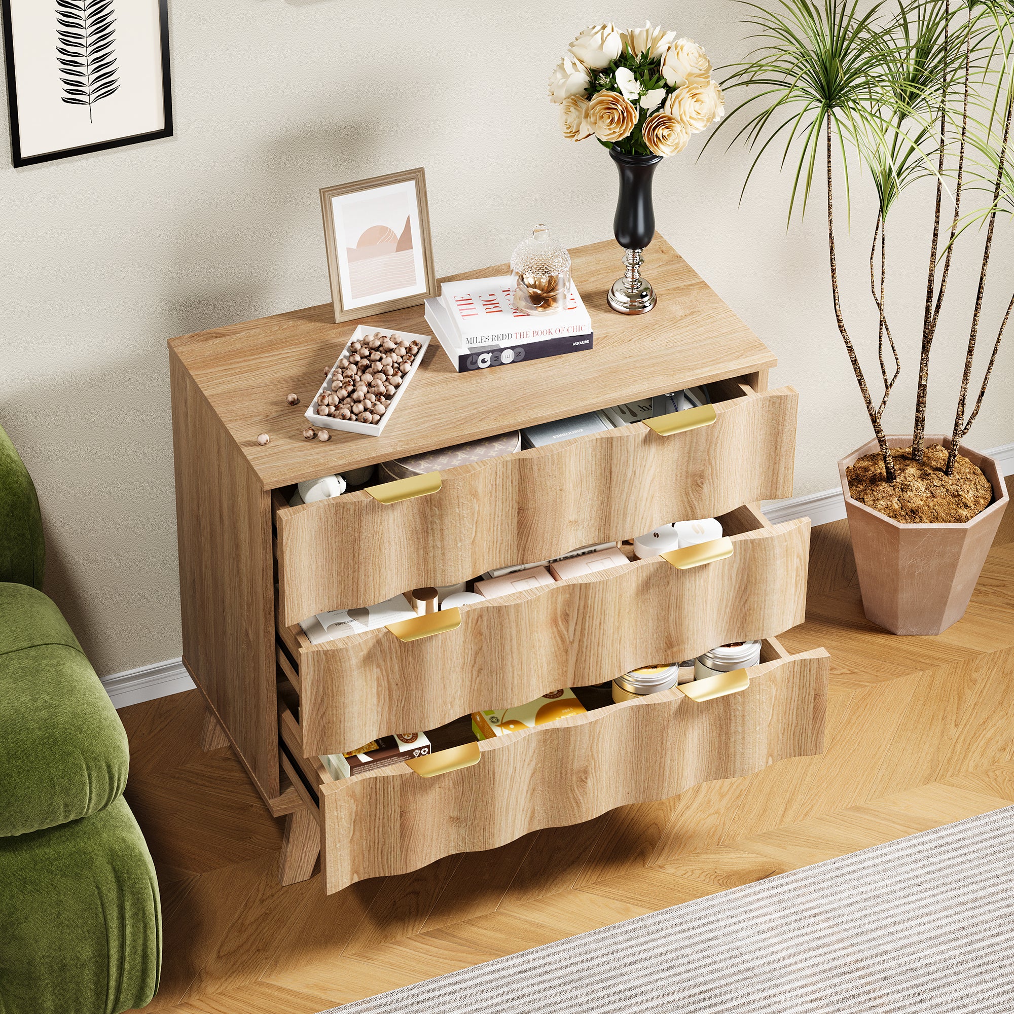 YOCWO Walnut Large 3 Drawer Nightstand with Wave Pattern, Mid-Century Wood Large Bedside Table with Waveform Fluted Panel