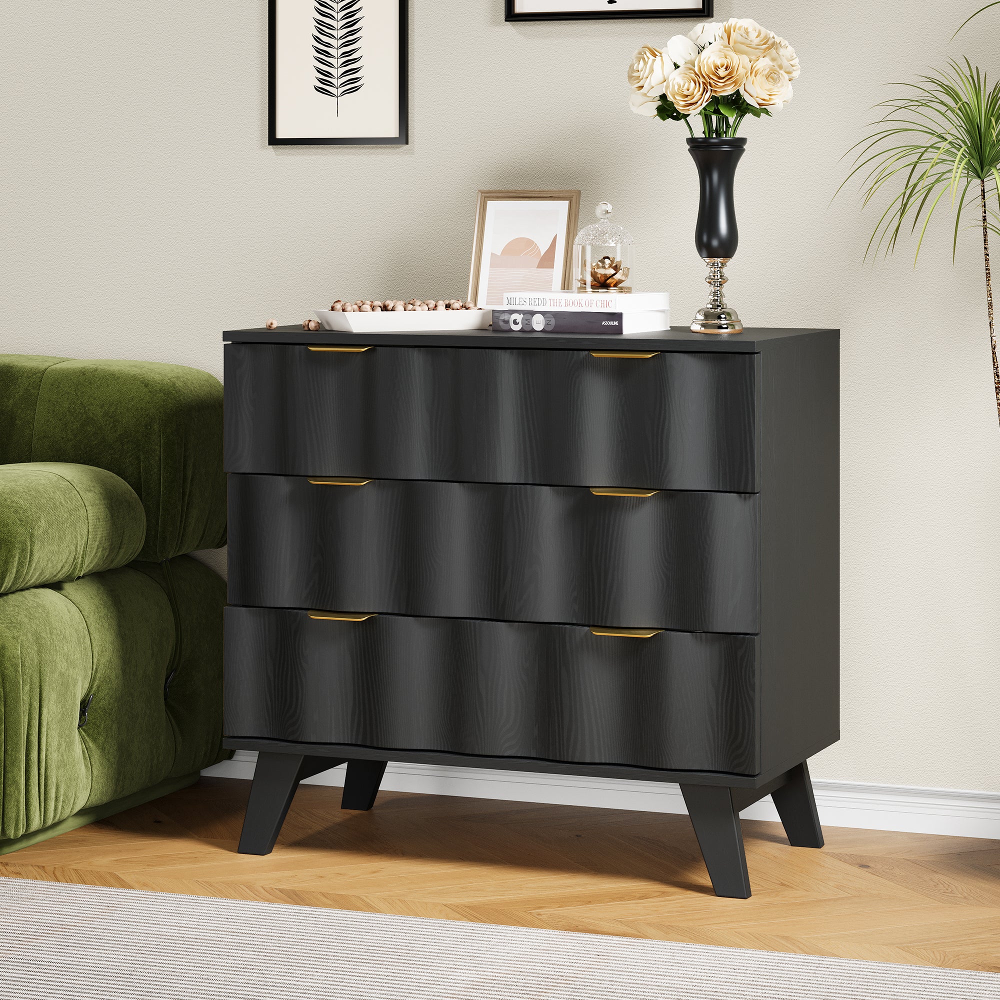 YOCWO Walnut Large 3 Drawer Nightstand with Wave Pattern, Mid-Century Wood Large Bedside Table with Waveform Fluted Panel