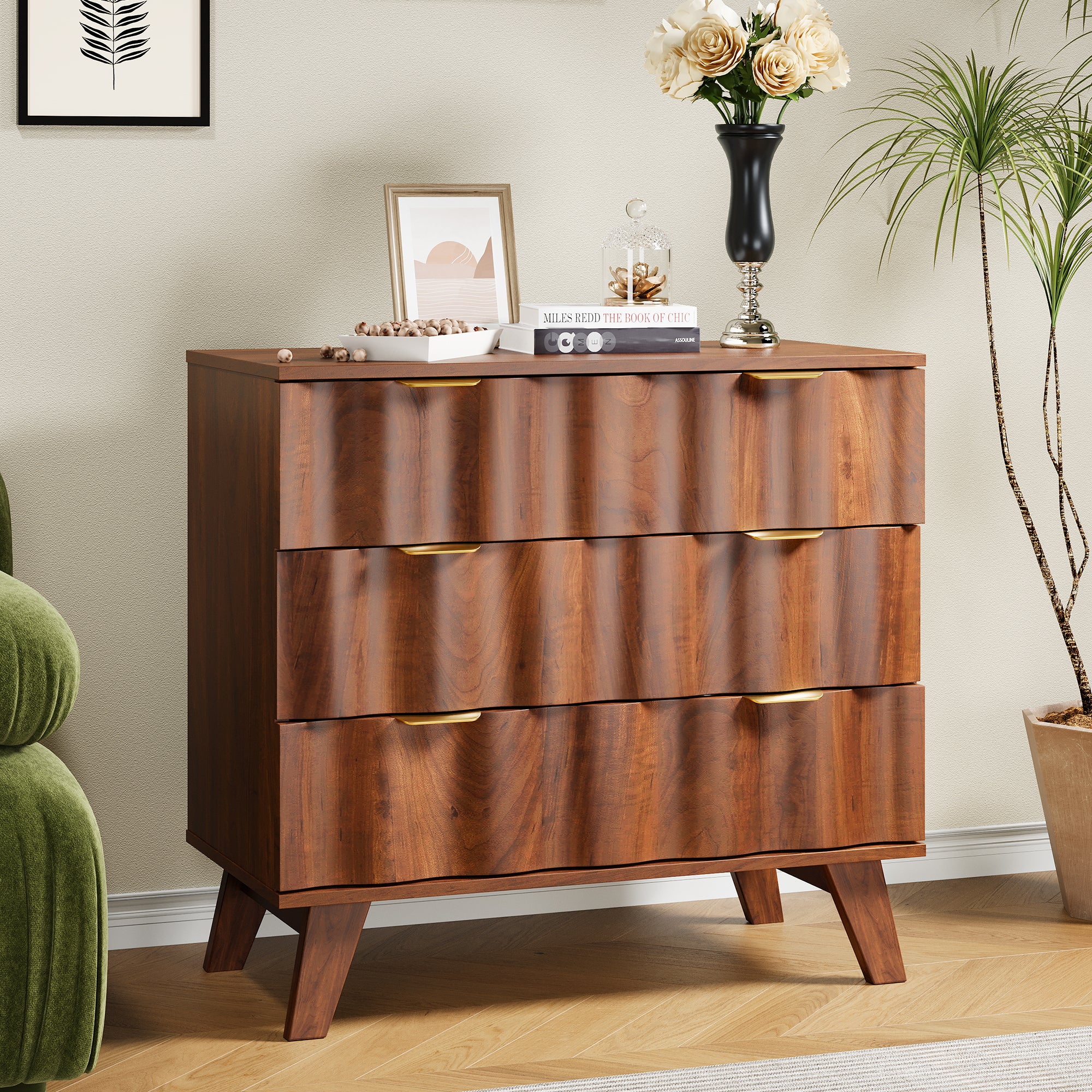 YOCWO Walnut Large 3 Drawer Nightstand with Wave Pattern, Mid-Century Wood Large Bedside Table with Waveform Fluted Panel