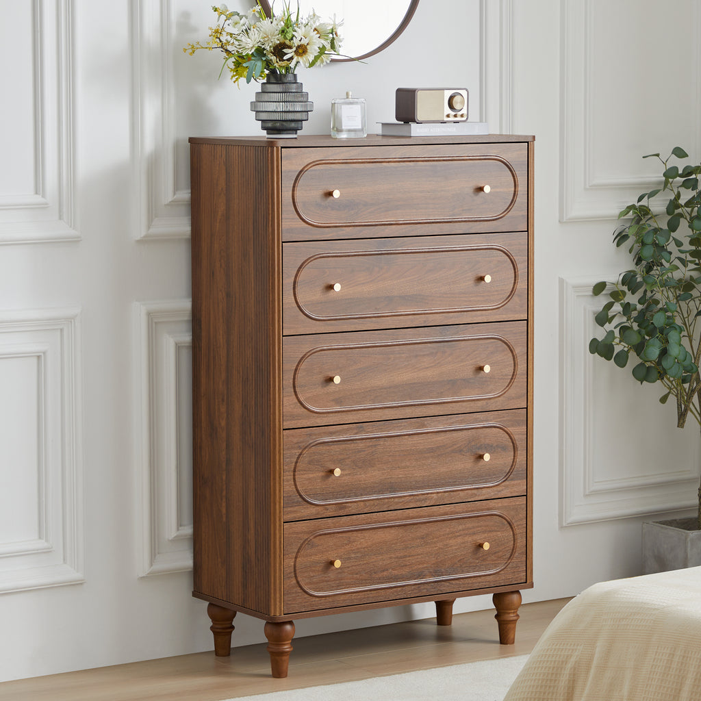 YOCWO 5 Drawer Fluted Dresser for Bedroom, Mid Century Chest of Drawers with Arc Edge, Wood Storage Large Tall Dresser Organizer for Bedroom Living Room Hallway Closet