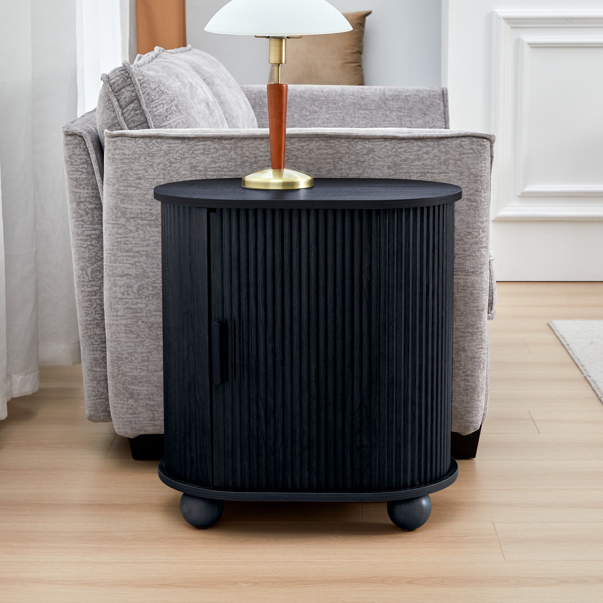 Fluted Side Tables with Sliding Door Storage for Living Room