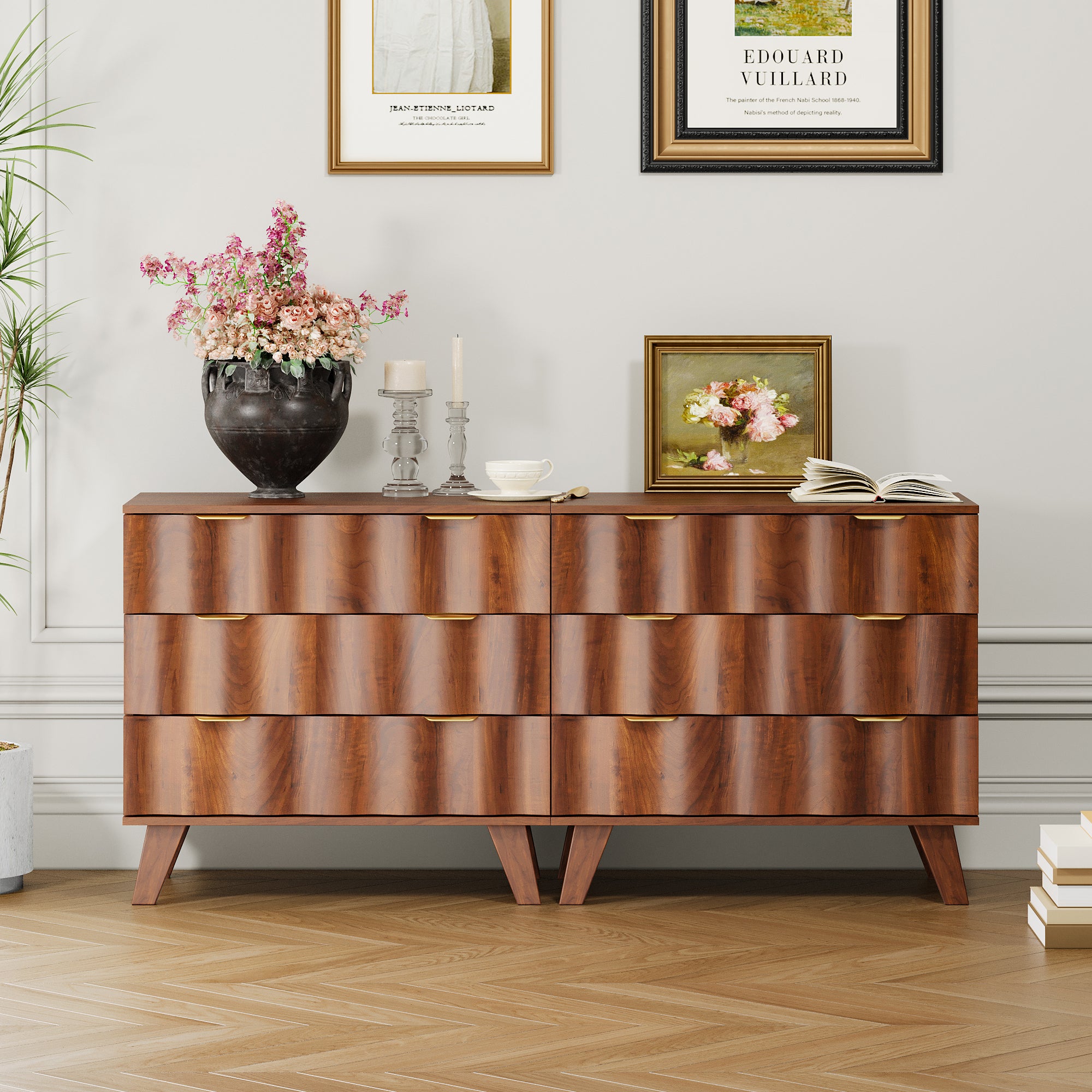YOCWO Walnut Large 3 Drawer Nightstand with Wave Pattern, Mid-Century Wood Large Bedside Table with Waveform Fluted Panel