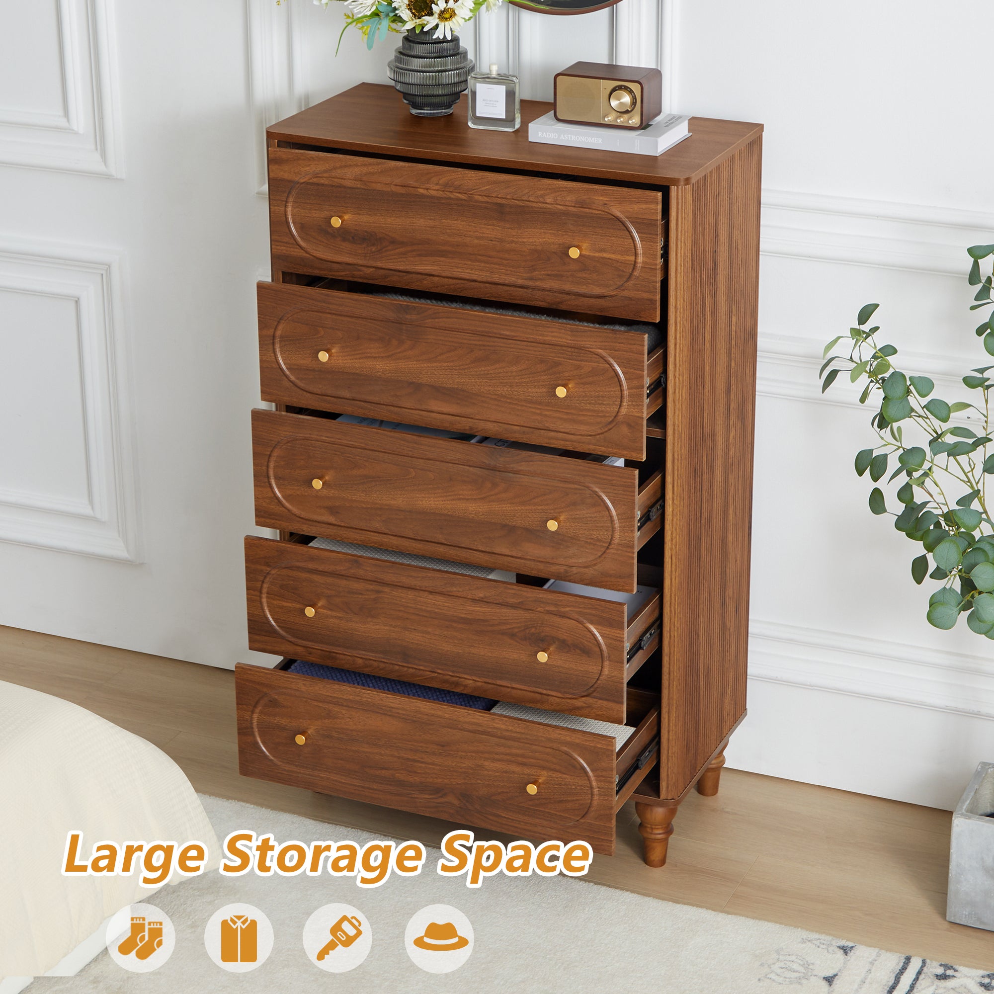 YOCWO 5 Drawer Fluted Dresser for Bedroom, Mid Century Chest of Drawers with Arc Edge, Wood Storage Large Tall Dresser Organizer for Bedroom Living Room Hallway Closet