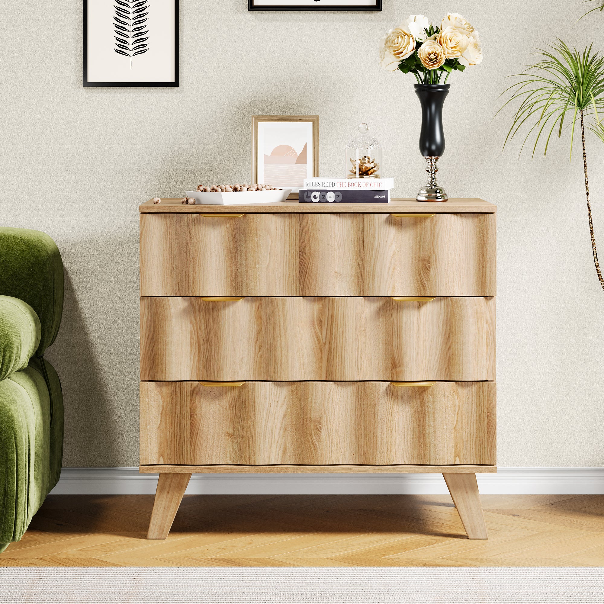 YOCWO Walnut Large 3 Drawer Nightstand with Wave Pattern, Mid-Century Wood Large Bedside Table with Waveform Fluted Panel