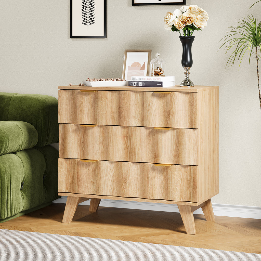YOCWO Walnut Large 3 Drawer Nightstand with Wave Pattern, Mid-Century Wood Large Bedside Table with Waveform Fluted Panel