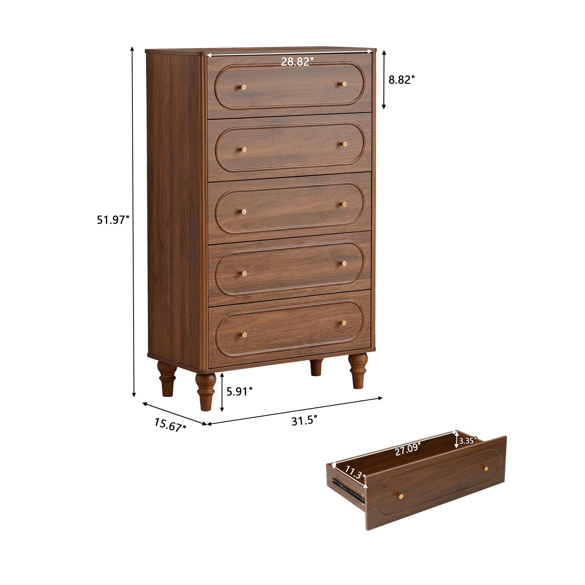 YOCWO 5 Drawer Fluted Dresser for Bedroom, Mid Century Chest of Drawers with Arc Edge, Wood Storage Large Tall Dresser Organizer for Bedroom Living Room Hallway Closet