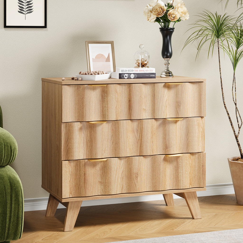 YOCWO Walnut Large 3 Drawer Nightstand with Wave Pattern, Mid-Century Wood Large Bedside Table with Waveform Fluted Panel