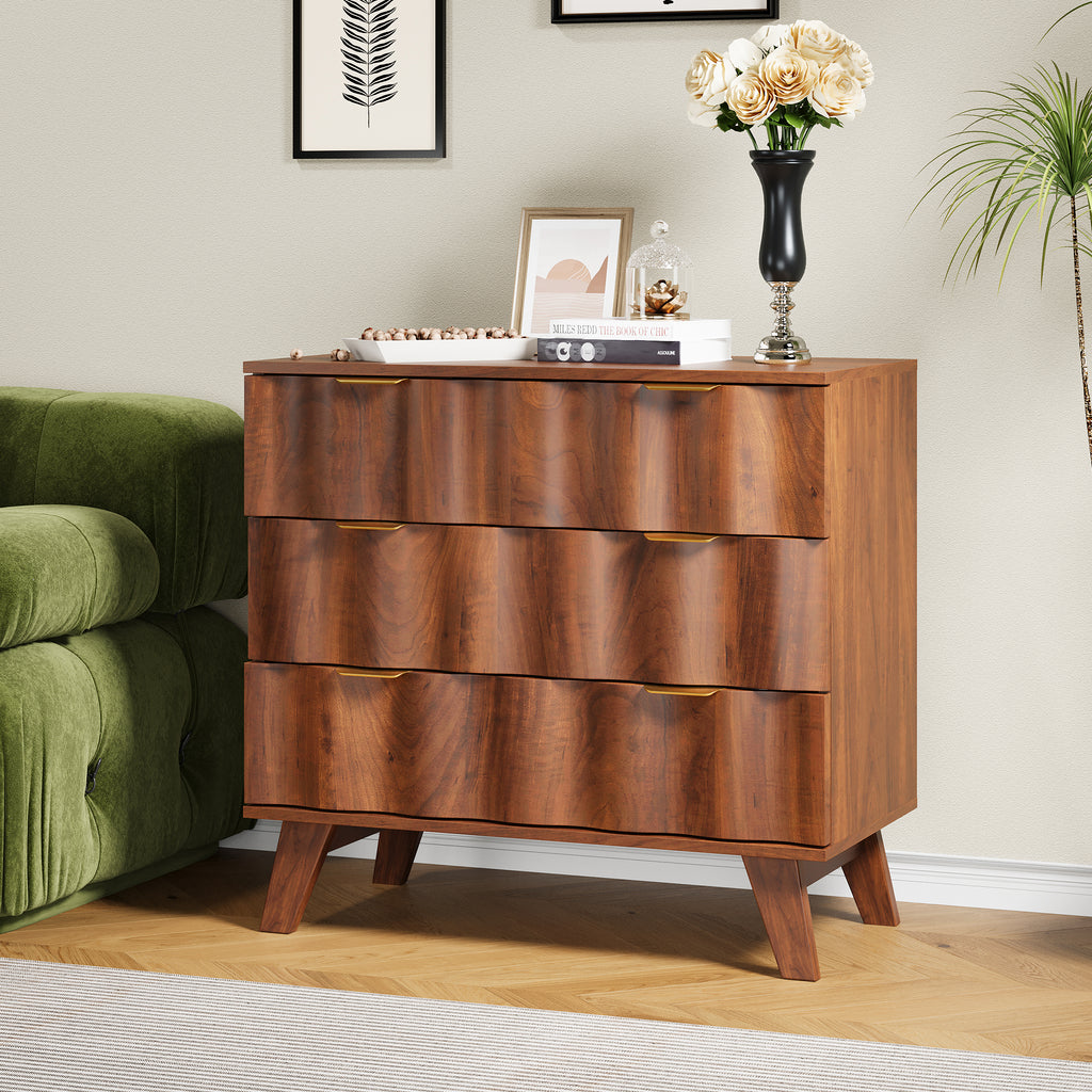 YOCWO Walnut Large 3 Drawer Nightstand with Wave Pattern, Mid-Century Wood Large Bedside Table with Waveform Fluted Panel