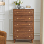 YOCWO 5 Drawer Fluted Dresser for Bedroom, Mid Century Chest of Drawers with Arc Edge, Wood Storage Large Tall Dresser Organizer for Bedroom Living Room Hallway Closet