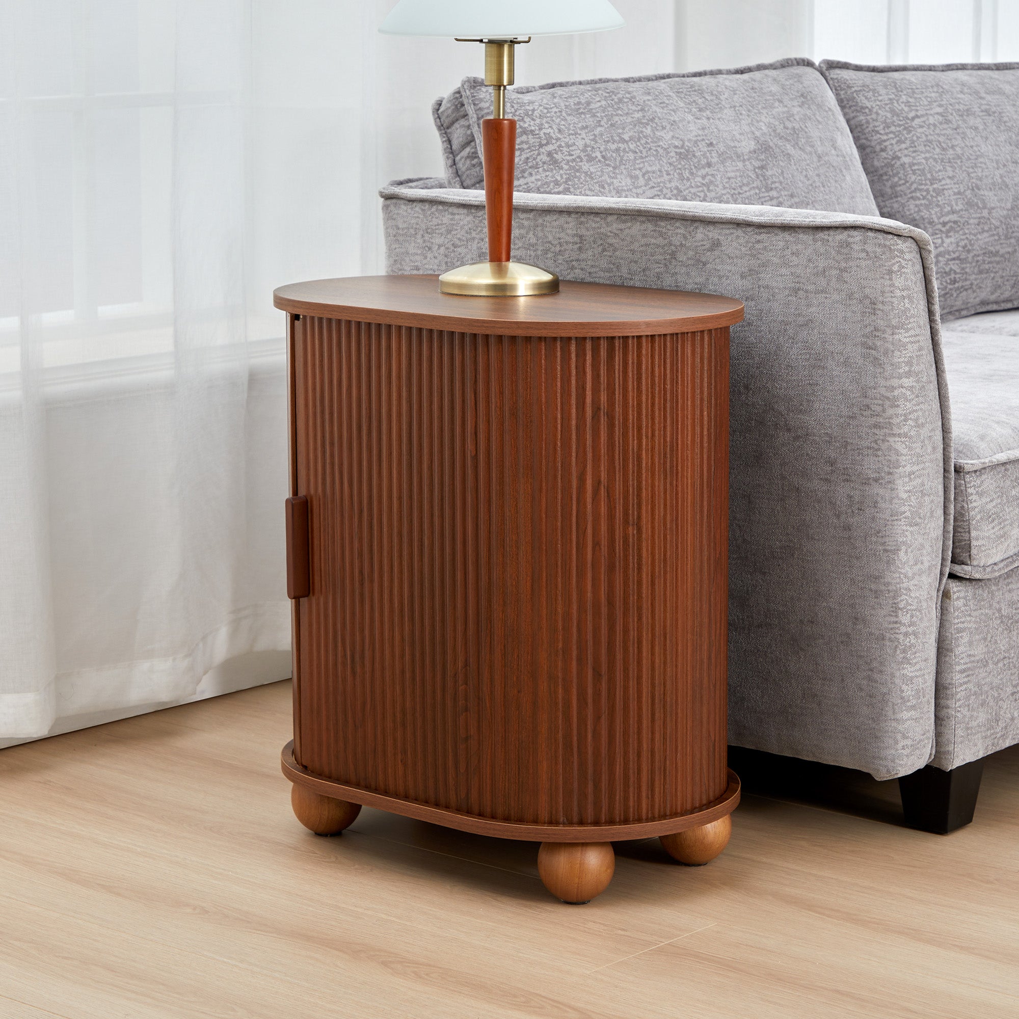Fluted Side Tables with Sliding Door Storage for Living Room