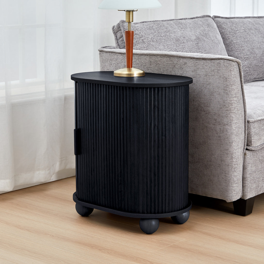 Fluted Side Tables with Sliding Door Storage for Living Room