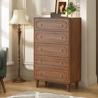 YOCWO 5 Drawer Fluted Dresser for Bedroom, Mid Century Chest of Drawers with Arc Edge, Wood Storage Large Tall Dresser Organizer for Bedroom Living Room Hallway Closet