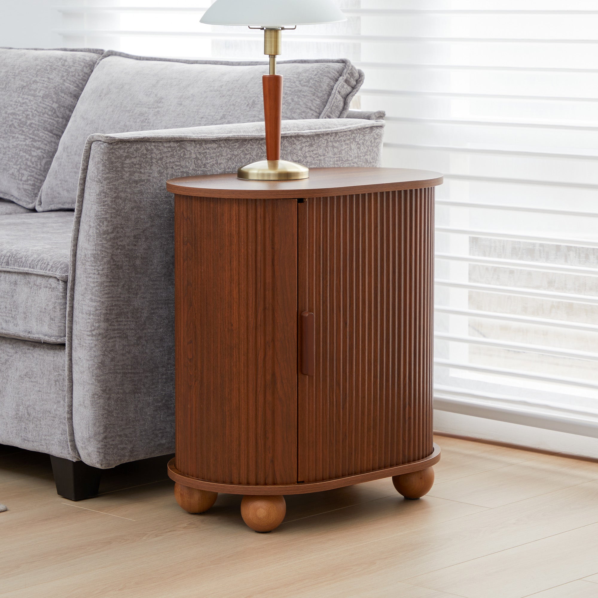 Fluted Side Tables with Sliding Door Storage for Living Room