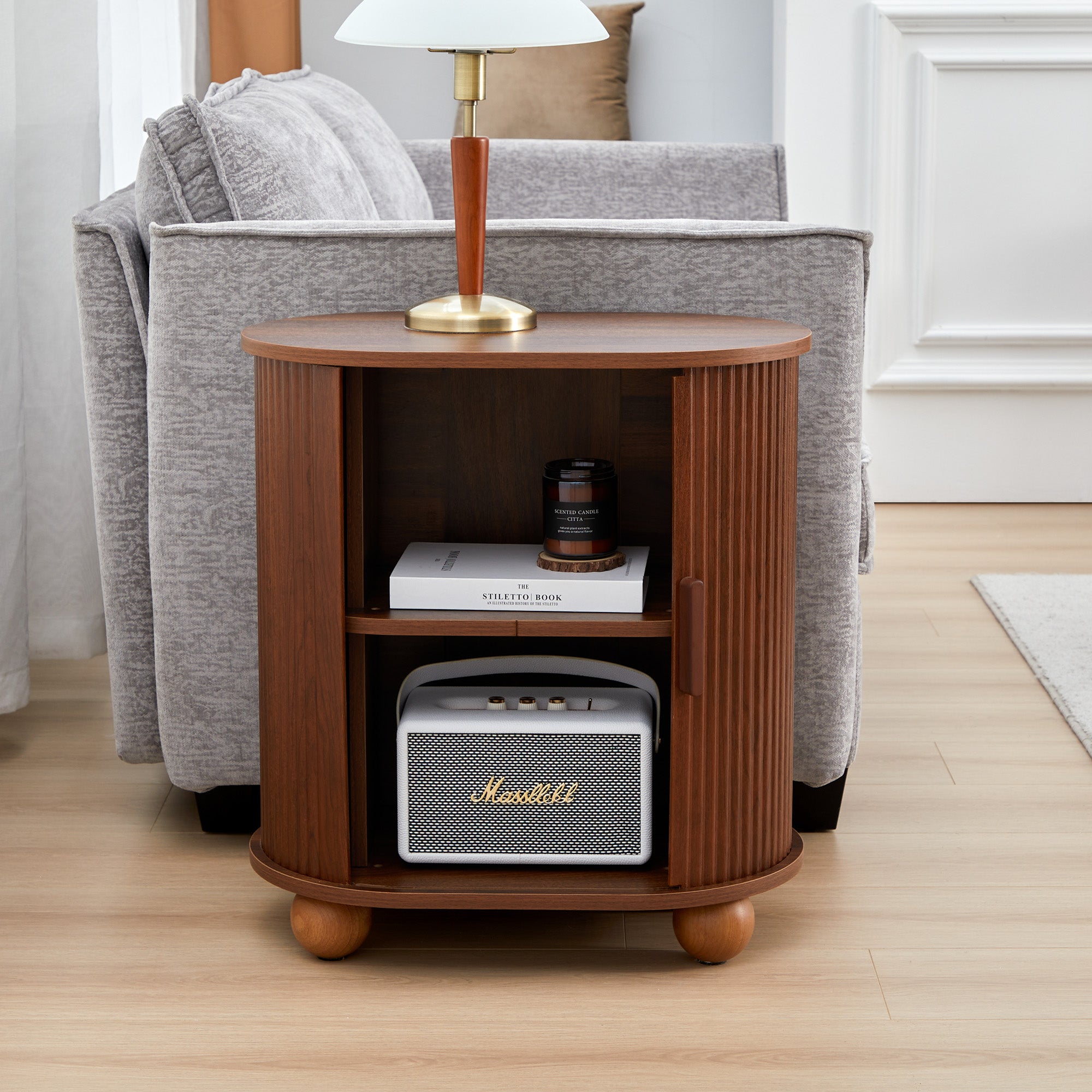 Fluted Side Tables with Sliding Door Storage for Living Room