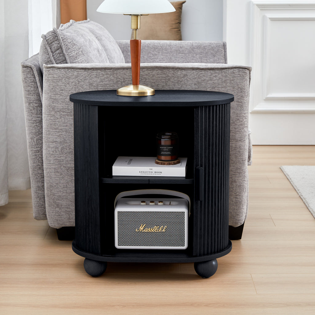 Fluted Side Tables with Sliding Door Storage for Living Room