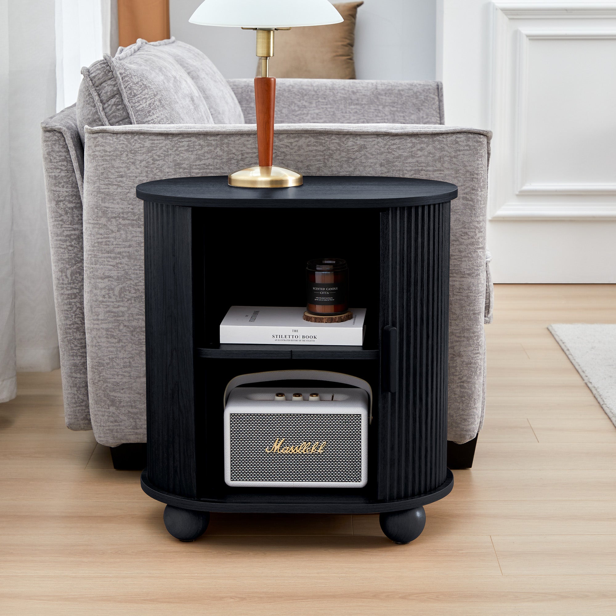 Fluted Side Tables with Sliding Door Storage for Living Room