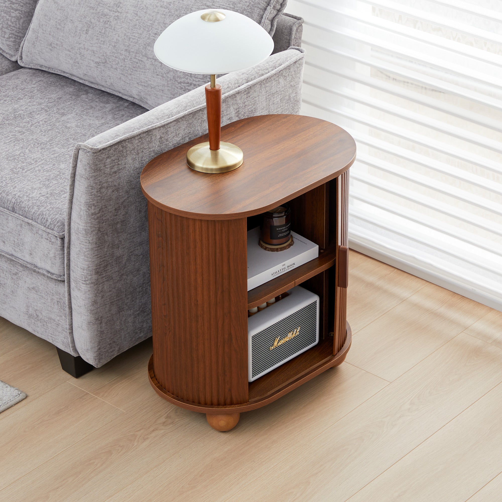 Fluted Side Tables with Sliding Door Storage for Living Room