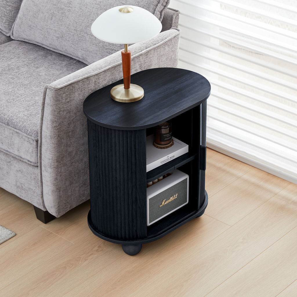 Fluted Side Tables with Sliding Door Storage for Living Room