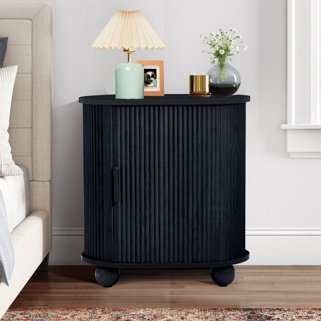 Fluted Side Tables with Sliding Door Storage for Living Room