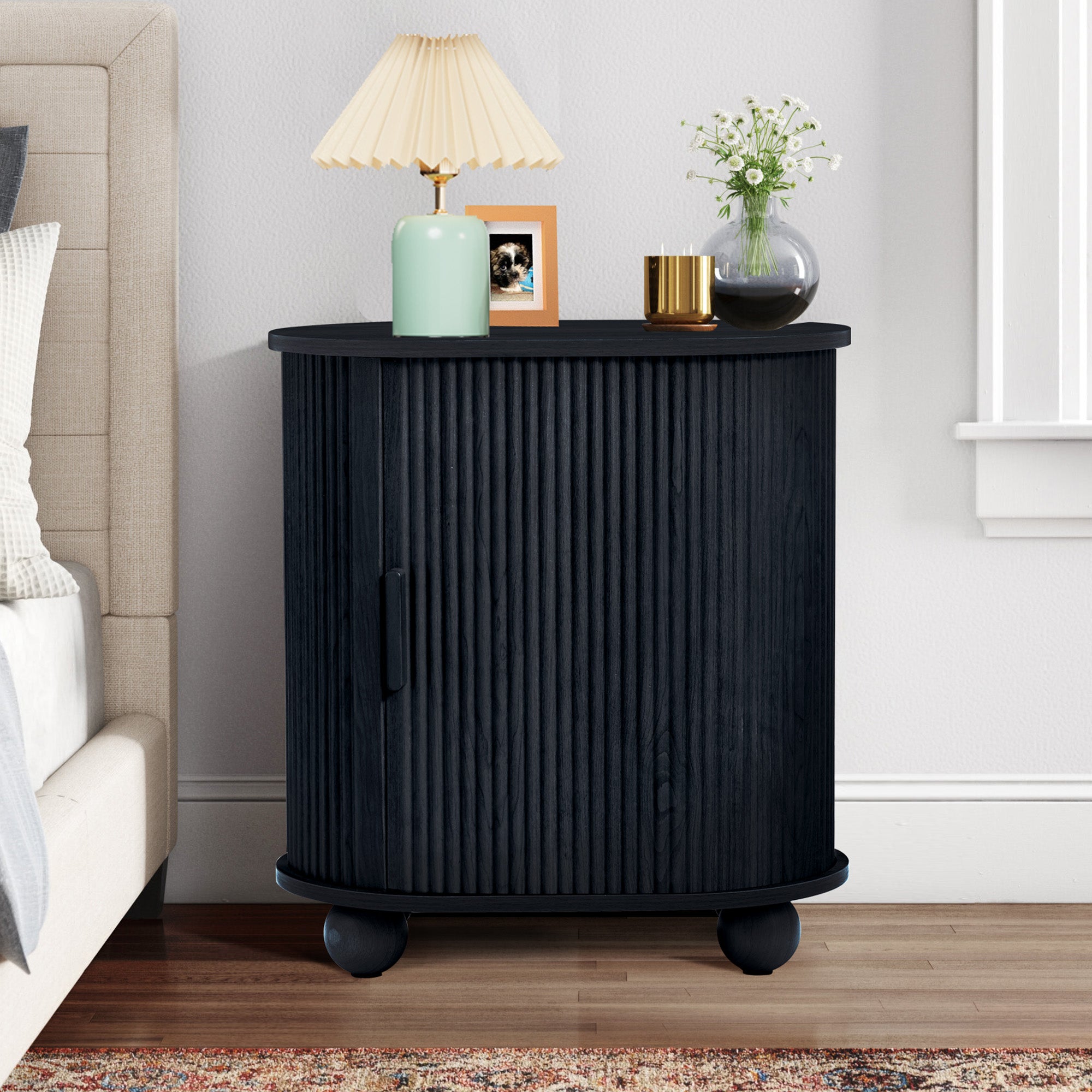 Fluted Side Tables with Sliding Door Storage for Living Room