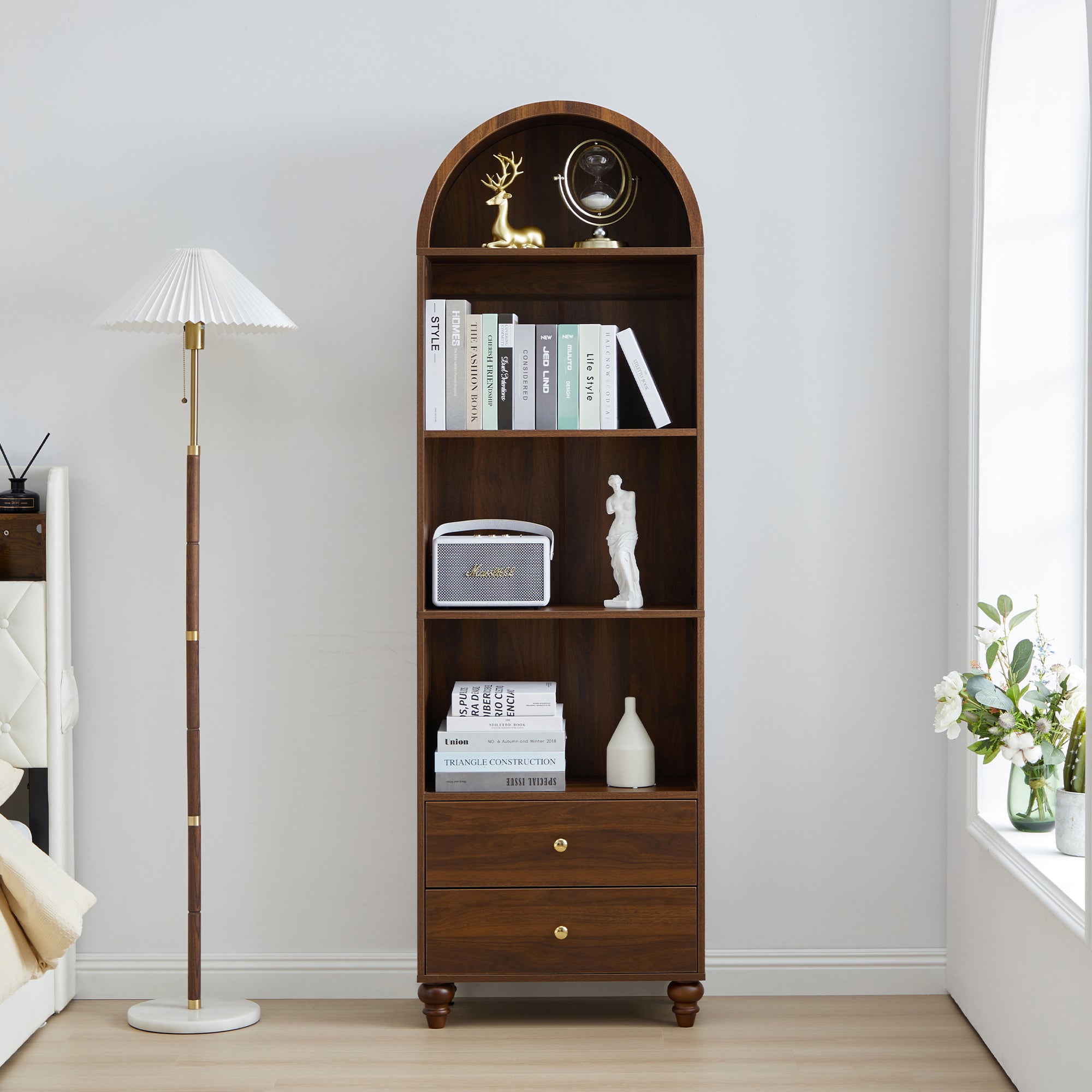 YOCWO 75" Tall Arched Bookcases with 2 Large Drawers & 4 Shelves, Wooden Bookshelf for Living Room Office