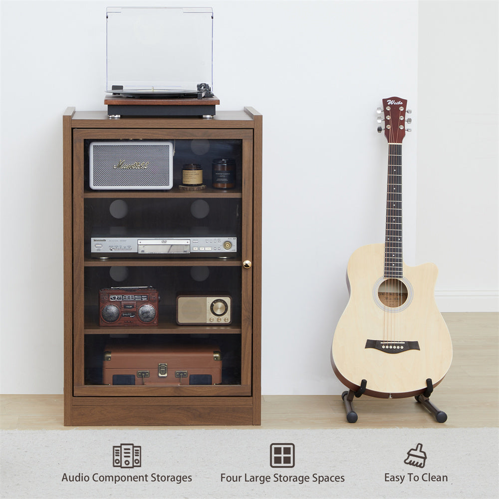 Record Player Stand, 4 Tier Media Storage Cabinet with Adjustable Shelves and Acrylic Door