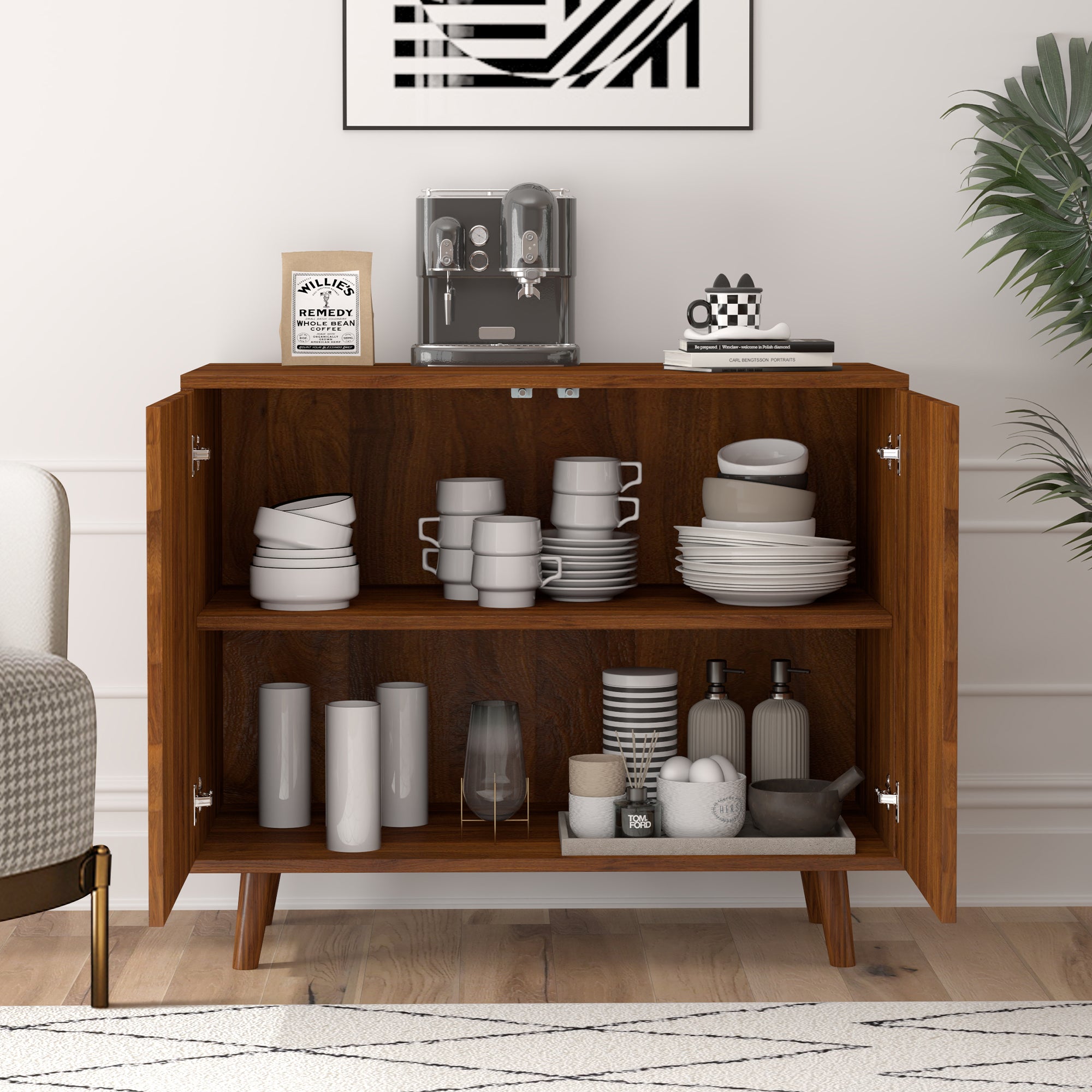 Accent Cabinet with Carving Lines, Modern Buffet Sideboard with Adjustable Shelves, Decorative Storage Cabinets for Bedroom Living Room Kitchen Office Entryway and Hallway