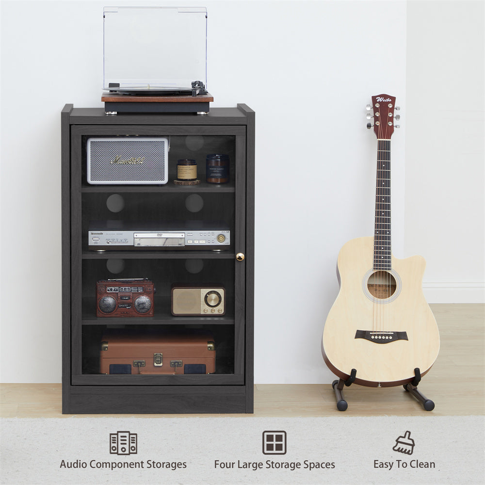 Record Player Stand, 4 Tier Media Storage Cabinet with Adjustable Shelves and Acrylic Door