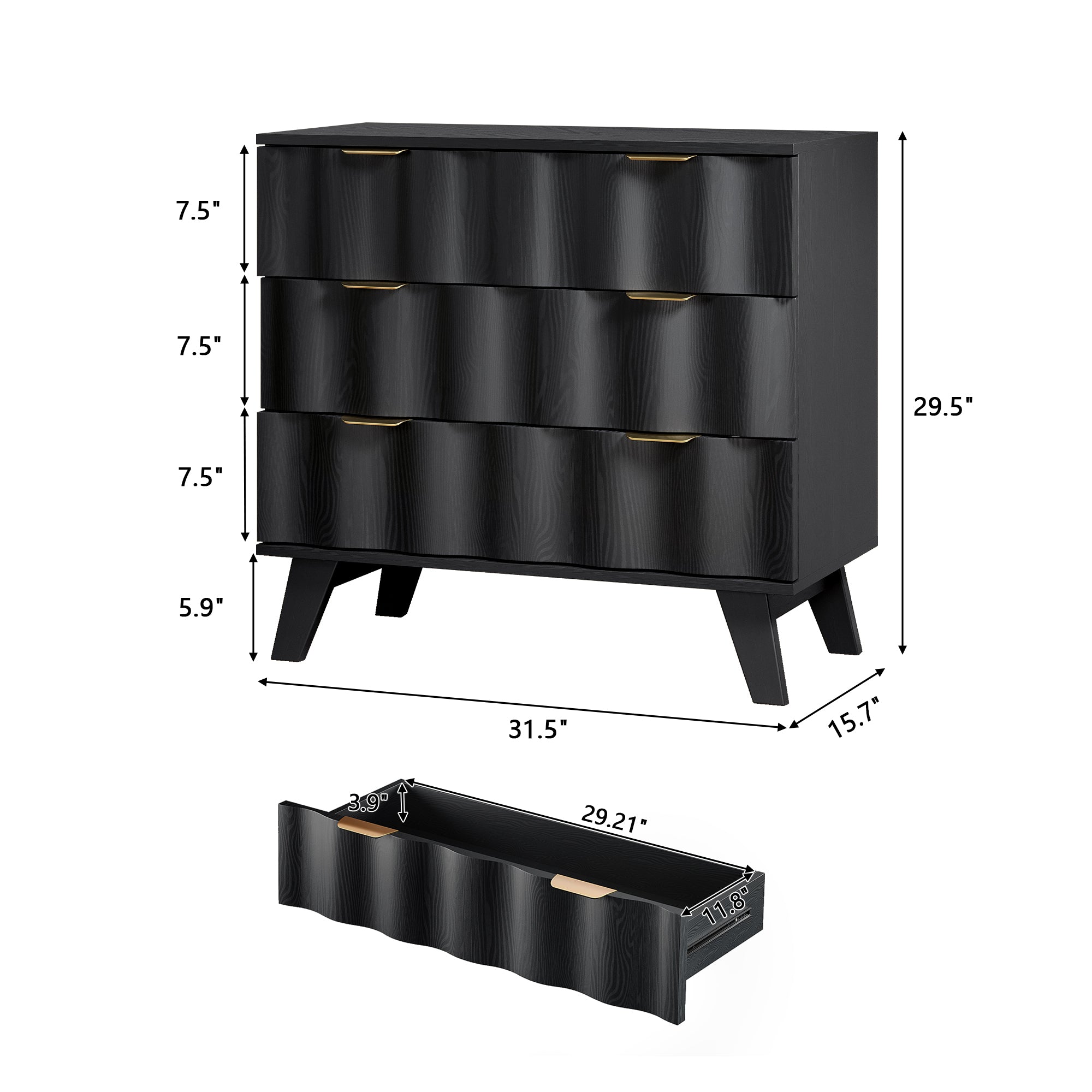 YOCWO Walnut Large 3 Drawer Nightstand with Wave Pattern, Mid-Century Wood Large Bedside Table with Waveform Fluted Panel