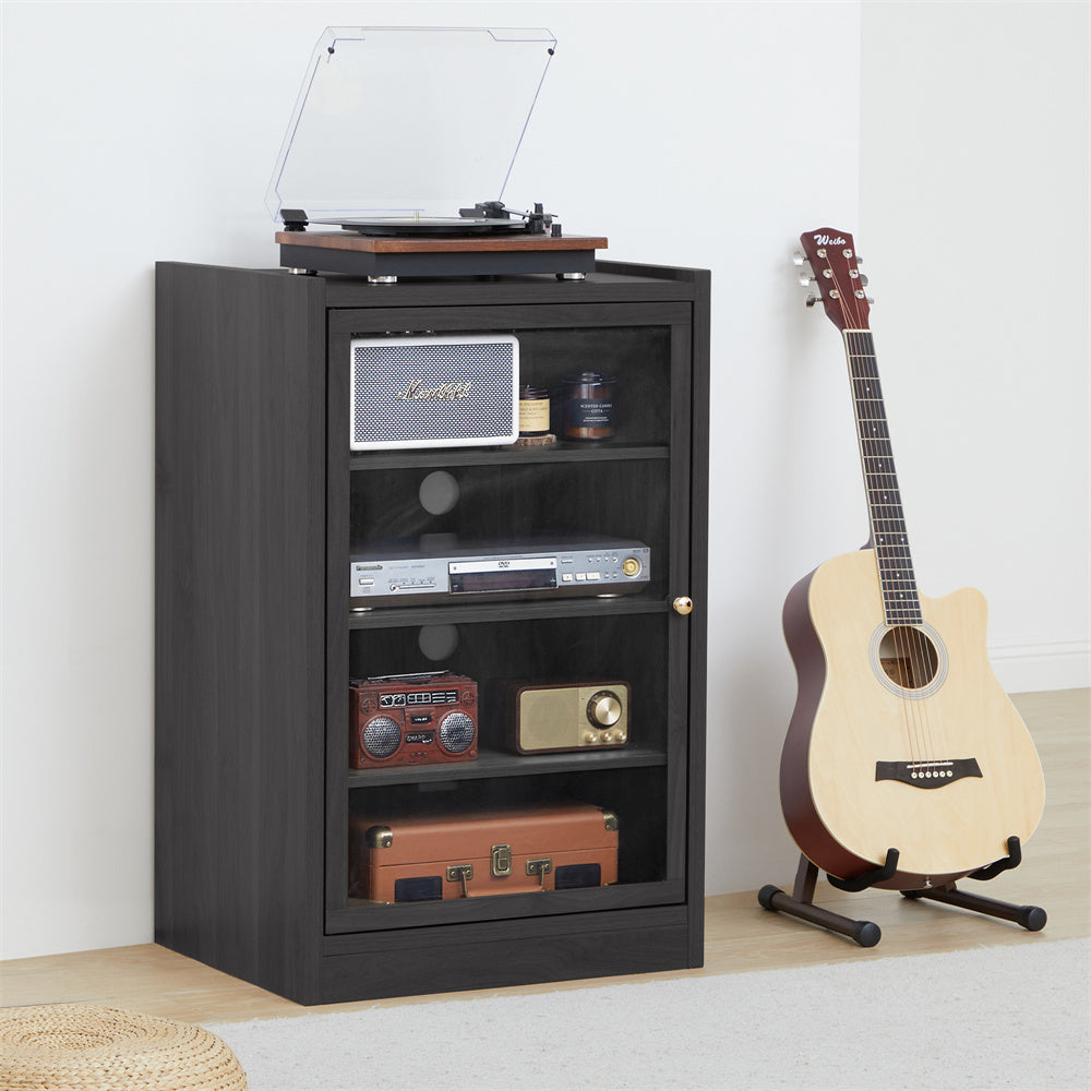Record Player Stand, 4 Tier Media Storage Cabinet with Adjustable Shelves and Acrylic Door