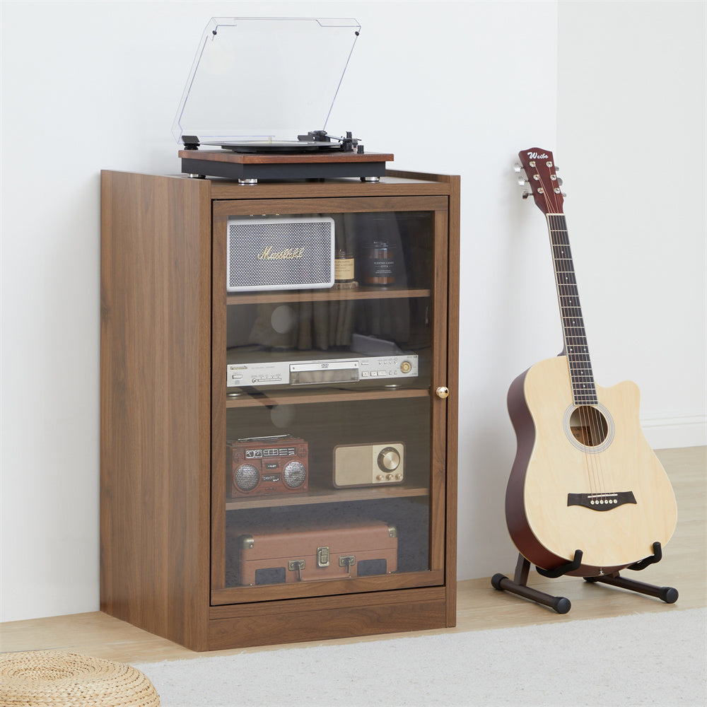 Record Player Stand, 4 Tier Media Storage Cabinet with Adjustable Shelves and Acrylic Door