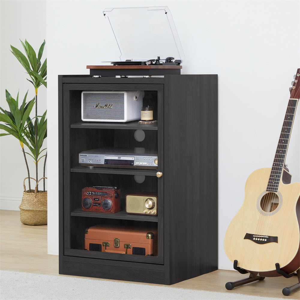 Record Player Stand, 4 Tier Media Storage Cabinet with Adjustable Shelves and Acrylic Door